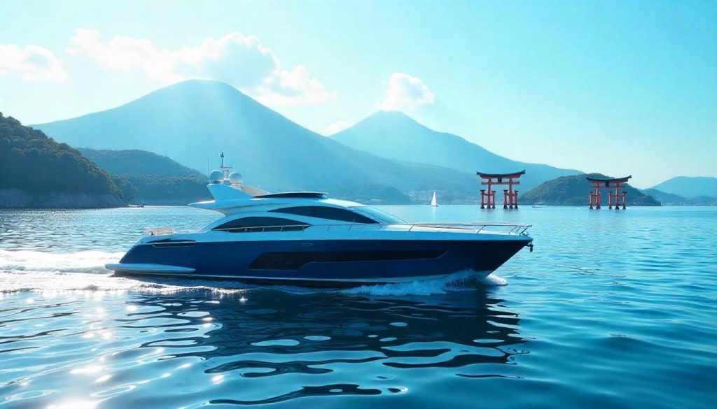 Yacht by Miyajima Torii Gate, highlighting Seto Inland Sea yachting in 2025.